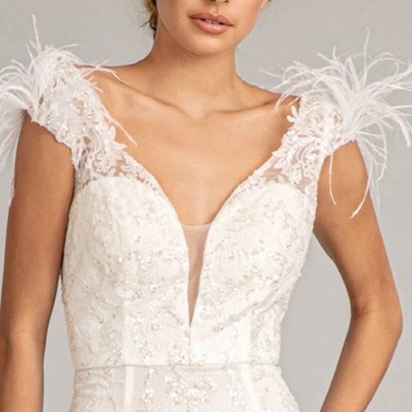 WHITE Feather Embellished Sleeveless Glitter Mesh Prom Dress Sheer Back GL1983 - Picture 2 of 8